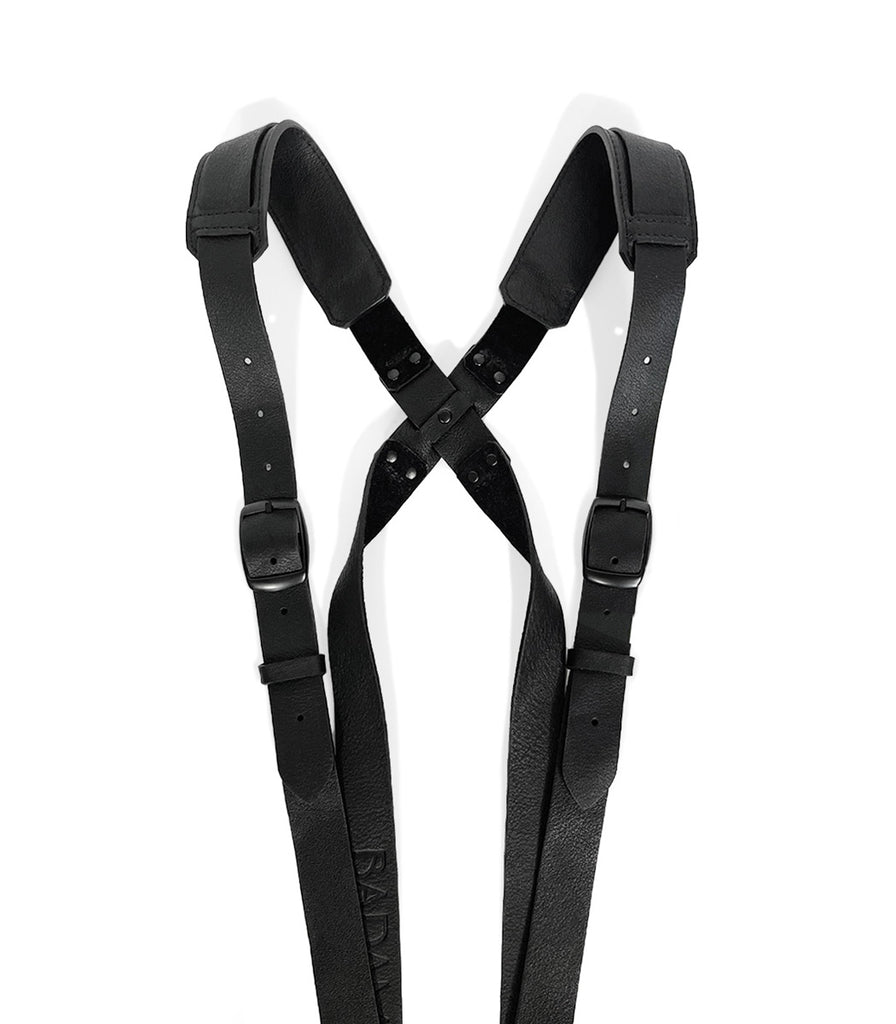 detail all black leather double holster harness from badami and co