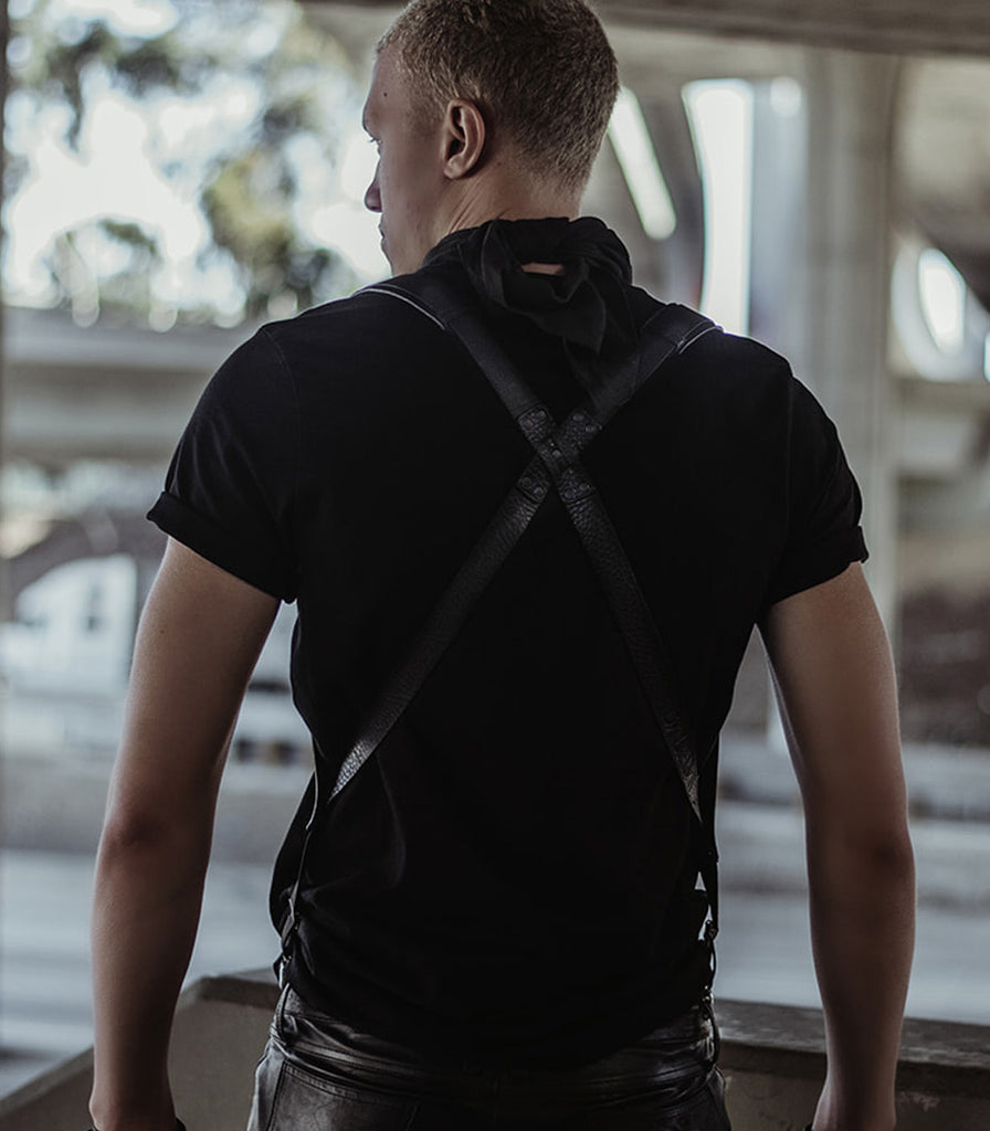 Model wearing the all black Leather Shoulder-strap Fashion Harness from badami and co